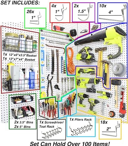 Peg Board Hooks for Hanging Tools with Bins and Baskets – Tool Organization Accessories Kit – Organizer Set of 1 inch, 2 inch, 4 inch L Hooks, J Hook, Pliers Rack, Screwdriver Holder - Image 3