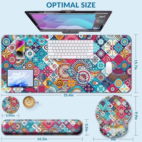 Desk Pad Keyboard Wrist Rest and Mouse Pad Coaster Set,Large XXL Desk Mat Matt Cover Ergonomic Mousepad with Memory Foam for Women Desktop Computer & Office -Mexican Style - Image 3