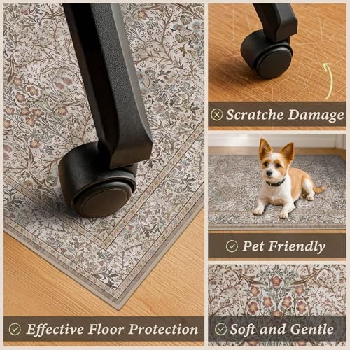 JTJ 5x6 Office Rug for Rolling Chairs, Vintage Botanical Chair Mat - Image 4