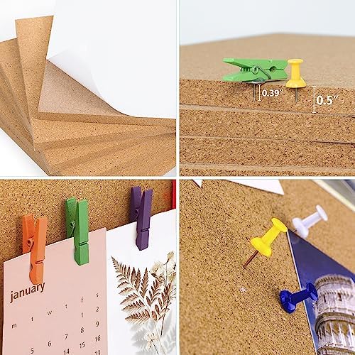 AKTOP Cork Board Bulletin Board 17"x8", 1/2" Thick Cork Board Tiles 6 Pack, Small Pin Board for Wall Decor, Self Adhesive Corkboards with 60 Push Pin Wood Clips for School, Home & Office - Image 5
