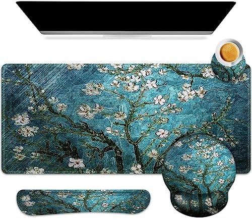 ARTSO Desk Mat, Large Gaming Mouse Pad Wrist Support Set, Ergonomic Keyboard Wrist Rest Desk Pad with Coaster Combo, Extended Mousepad with Non-Slip for Home Office, Blue Van Gogh Painting by Artso