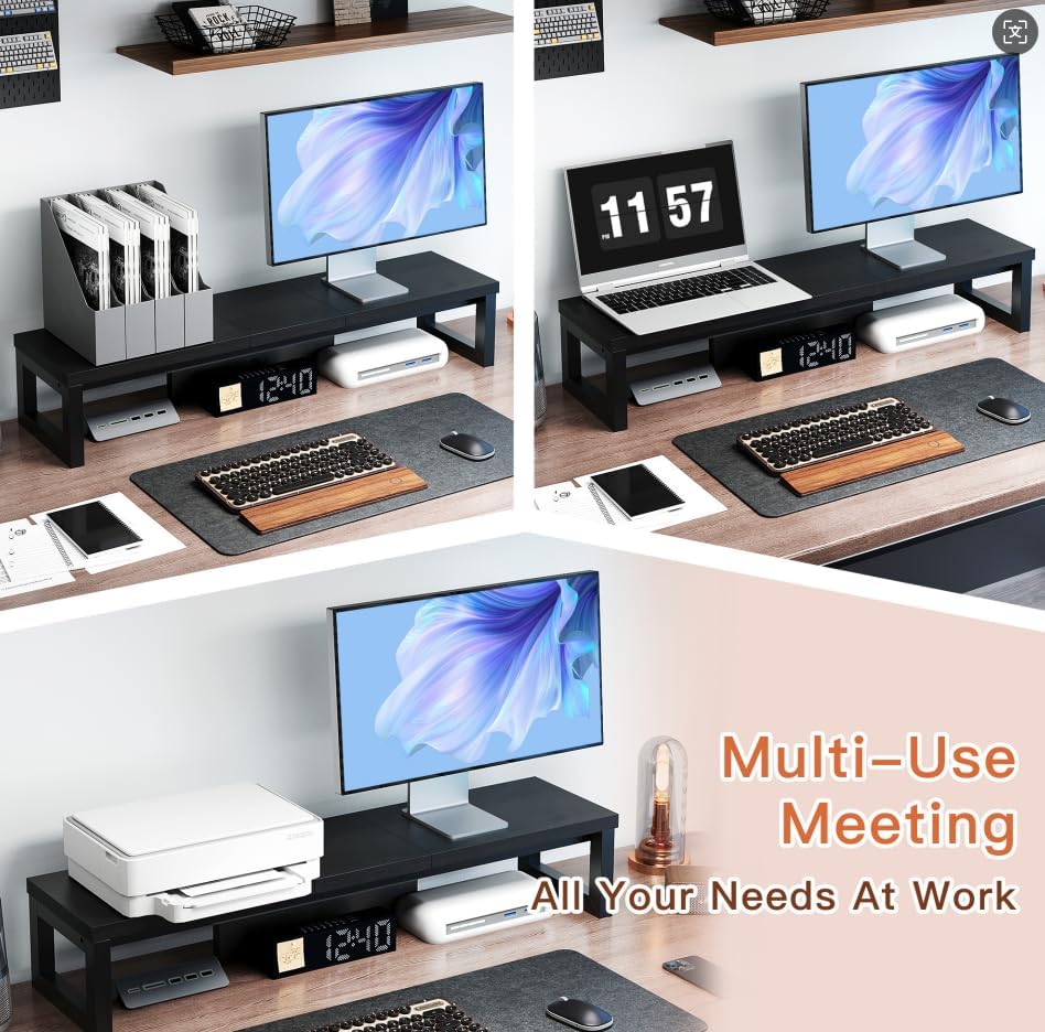Dual Monitor Stand Riser, Wood and Steel Monitor Stand for Desk, Multi-Purpose Desk Shelf Organizer for Computer, Laptop, Printer, TV, Black - Image 3