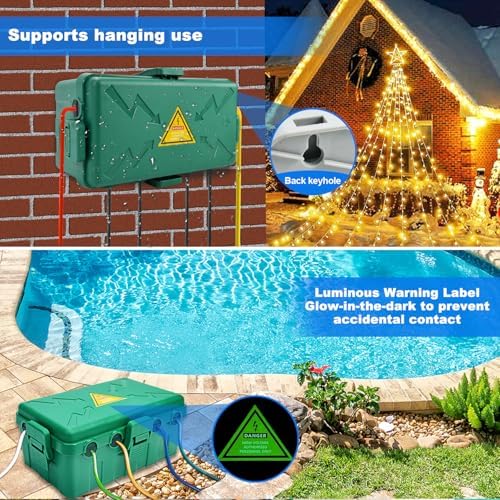Hrensaw Medium Outdoor Electrical Box(10.6x5.7x4.9inch),Weatherproof Connection Box w/6 Cable Entry,IP54 Waterproof Extension Cord Cover Protect Power Strip,Timer,Plug,Holiday Lights,Green (Pack of 2) - Image 4