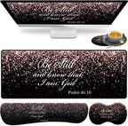 Large Gaming Mouse Pad, Keyboard Wrist Rest pad + Mouse Wrist pad + Coaster Set Extended Waterproof Non-Slip Table mat Suitable for Home Office Learning Games - Rose Gold Glitter Black Psalm46:10 by HTTYYTRYT