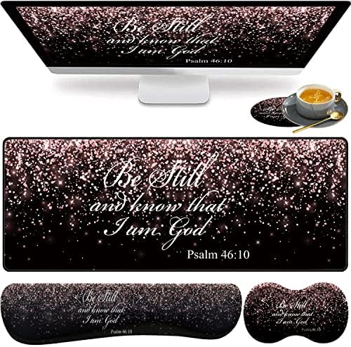 Large Gaming Mouse Pad, Keyboard Wrist Rest pad + Mouse Wrist pad + Coaster Set Extended Waterproof Non-Slip Table mat Suitable for Home Office Learning Games - Rose Gold Glitter Black Psalm46:10 by HTTYYTRYT