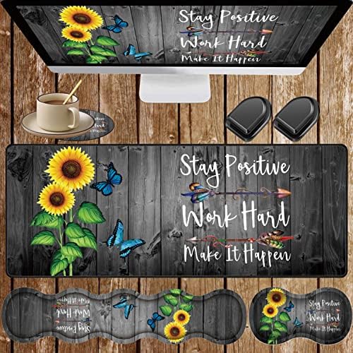 Large Gaming Mouse Pad, Keyboard Wrist Rest + Mouse Wrist Pad + Coaster + Mini Hook Desk Pad Set, Memory Foam, Non-Slip Base. Suitable for Office and Home - Sunflower Inspirational Quote by FOKBVNFLL