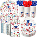 400 Pcs 2026 Red White Blue Graduation Decoration for 50, Red Blue Floral Graduation Paper Plates Napkins Cups Cutlery Flower Grad Tableware for Class of 2026 Congrats Grad Party Supply by Sunnychicc