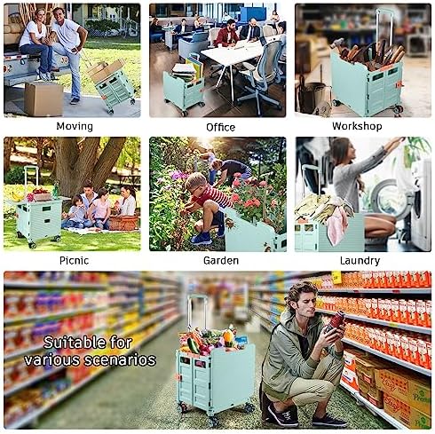 Foldable Utility Cart Collapsible Portable Crate Rolling Carts with Wheels Tote Basket with Magnetic Lid Telescopic Cover Wear-Resistant 360°Rotate Wheel Noiseless for Shopping Storage Office Use - Image 7