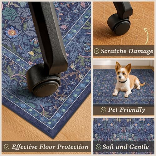 JTJ 5x6 Office Rug, Dark Blue Vintage Floral, Washable Non Slip - Image 4