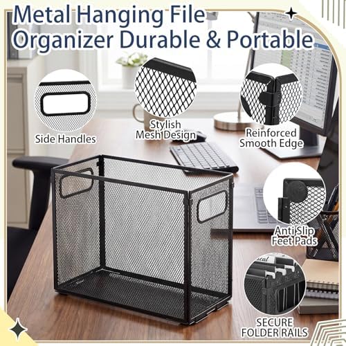 Zhengmy 3 Pcs Hanging File Organizer Letter Size File Holder Metal Mesh Filing Box Desktop Folder Letter Storage Cabinets Magazine Holder with Handles for Home Office School Document (Black) - Image 3