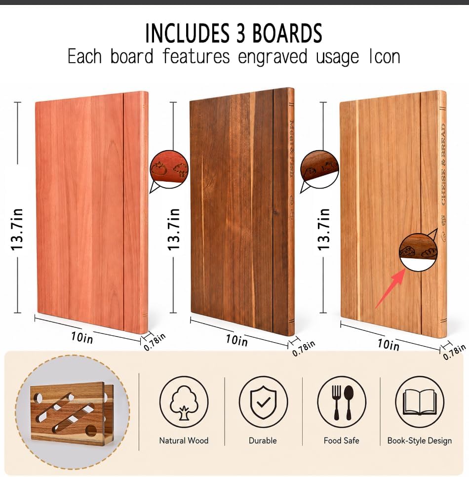 3-Piece Wooden Book Cutting Board Set Like Books, with Stand - Image 2