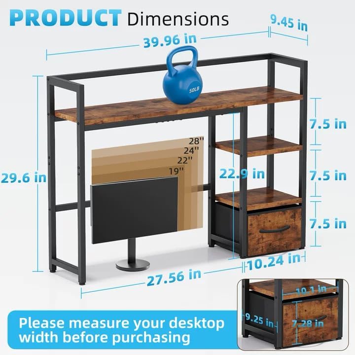 Marbrasse Desk Shelf with Drawer, 40" Desk Hutch for Computer Monitor, Wooden Desktop Bookshelf Storage Rack for Home Office Dorm - Dark Brown - Image 3