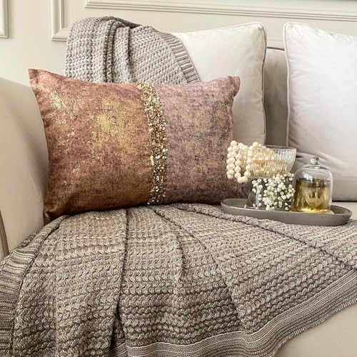 The HomeCentric Decorative Oblong Pillow Cover Rust & Gold, 12"x24" (30x60 cm) Velvet Gold Foil, Sequins Embroidered, Handmade Cushion Covers for Sofa, Couch, Abstract Modern - Shimmering Corrosion - Image 4