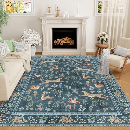 DUKINO 5x7 Area Rugs, Washable Animal Rug for Living Room Non Slip, Blue by DUKINO