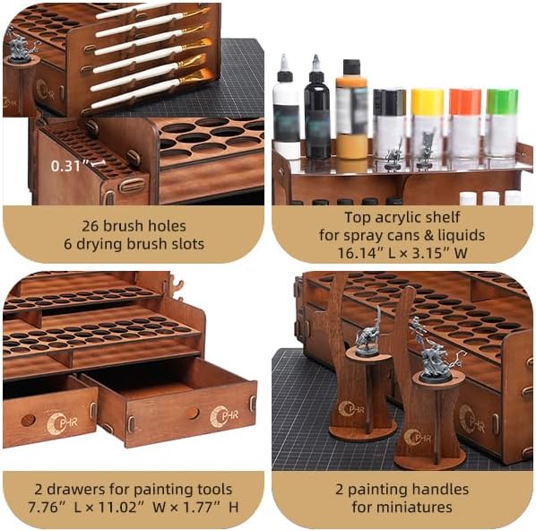 OPHIR Wooden Paint Organizer for 104 Bottles with 2 Brush Holder, 2 Drawer - Image 4