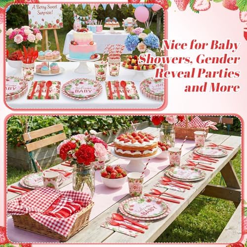 450 Pcs Tableware Set, Serve 50, Red and Pink, Strawberry Baby Shower - Image 5