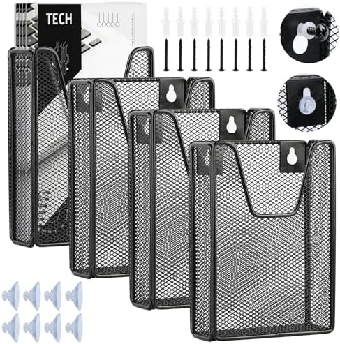 4 Pack Brochure Holder Wall Mount Hold 4 x 9 Inches Pamphlet Holders Display Stand Iron Mesh Hanging Pamphlet Holder Black With Suction Cups for Magazine Booklet Postcard Literature Flyer Menu Mail by SKLENICE