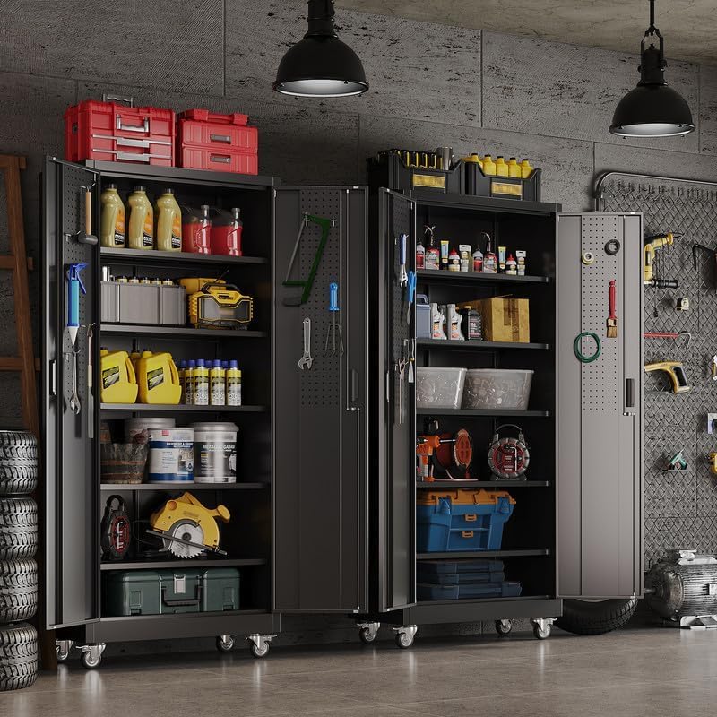 Aobabo Metal Garage Storage Cabinet with Wheels and Door Pegboard - Image 2