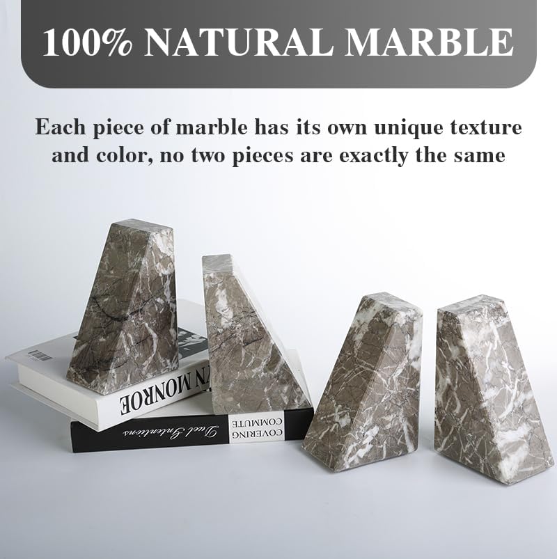 Koville Marble Bookends for Shelves, Large Bookends for Heavy Books, Natural Stone Book Stopper for Books CD Movies, Aesthetic Decorative Book Ends, Bookshelf Table Home Decor(Grey) - Image 4