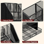 Homsorout Wooden Desk Organizer - Mesh File Organizer with Drawers and Pen Holder - 4-Tier Vertical Paper Letter Storage Tray, Desktop Organizers and Accessories for Home Office (Black - Image 5
