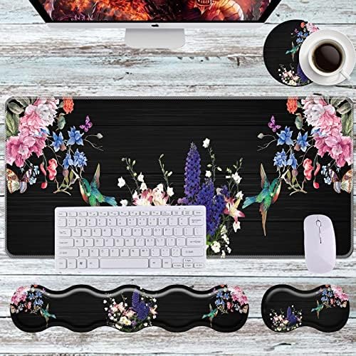 Keyboard Wrist Rest+Mouse Wrist Pad+Desk Pad Set,Memory Foam Ergonomic Easy Typing Pain Relief for Computer Laptop Office Home - Hummingbird and Flower by DSRGRGFDJ