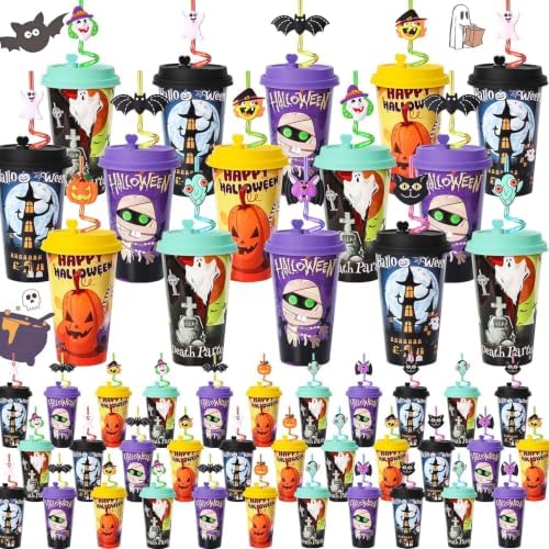 48 Pack Halloween Party Decorations Cups with Lids and Silly Straws Bulk by FZR+Legend