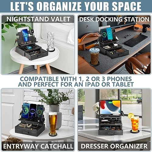 Black Wood Phone Docking Station for up to 3 Phones - Nightstand Organizer with Drawer for Valuables for Men & Women, Compatible With Apple Watch, Holds Phones, Tablets, Keys, Rings, Glasses, EDC - Image 3