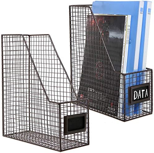 MyGift Wire Magazine Holder Set of 2, Brown File Storage Bin with Label by MyGiftHome