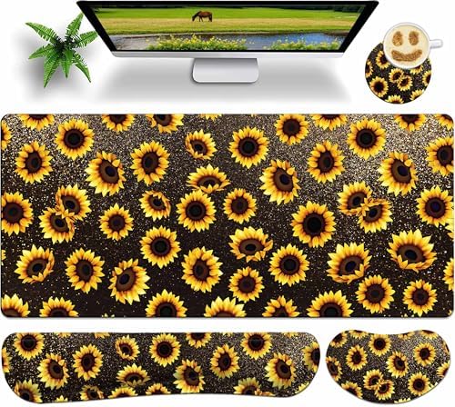 Premium Large Gaming Mouse Pad Set 35.4 x 15.7 with Keyboard Wrist Rest, Wrist Support, and Coaster Memory Foam Smooth Desk Pad Mousepad for Home Office School - Sunflower by Unknown