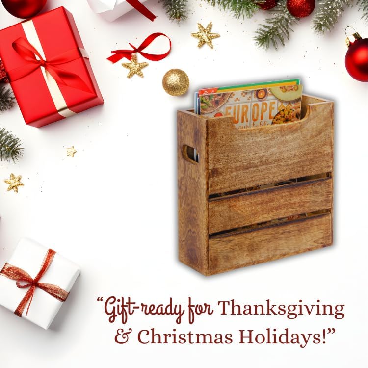 Mie Creations Wooden Magazine Holder with Handle, Newspaper Basket 10'' - Image 3
