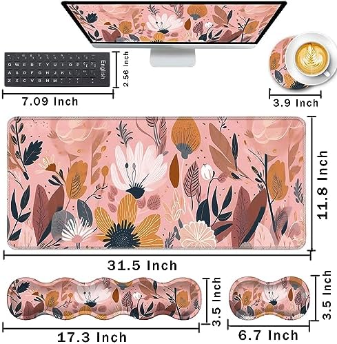Keyboard Wrist Rest and Mouse Pad with Wrist Support Set Ergonomic Coaster,Memory Foam,Easy Typing Pain Relief,Large XL Desk Mat 31.5"x 11.8",Pink Floral - Image 2
