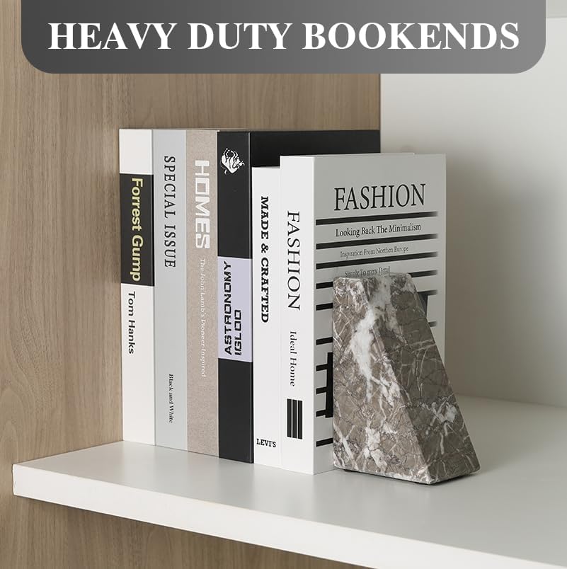 Koville Marble Bookends for Shelves, Large Bookends for Heavy Books, Natural Stone Book Stopper for Books CD Movies, Aesthetic Decorative Book Ends, Bookshelf Table Home Decor(Grey) - Image 6